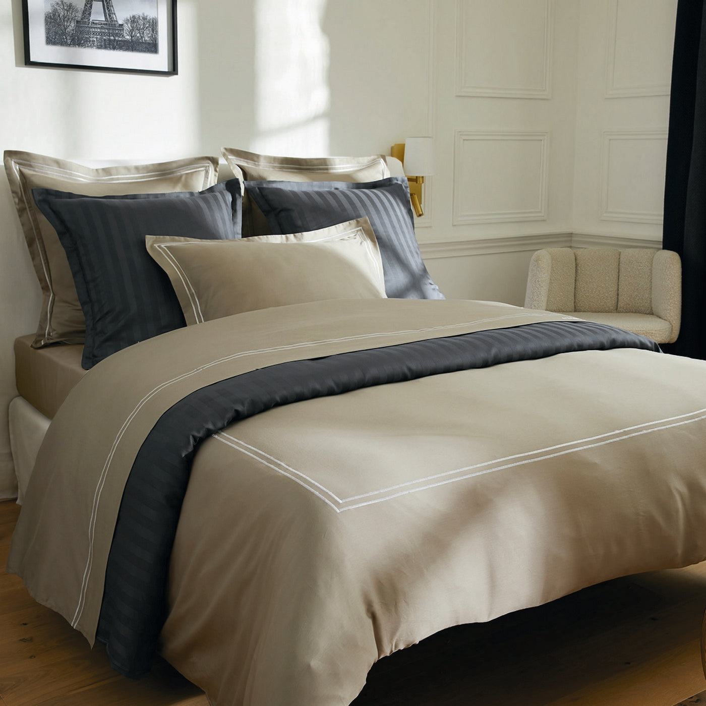 Biarritz - Flat Sheet - Cotton Satin - White / Taupe