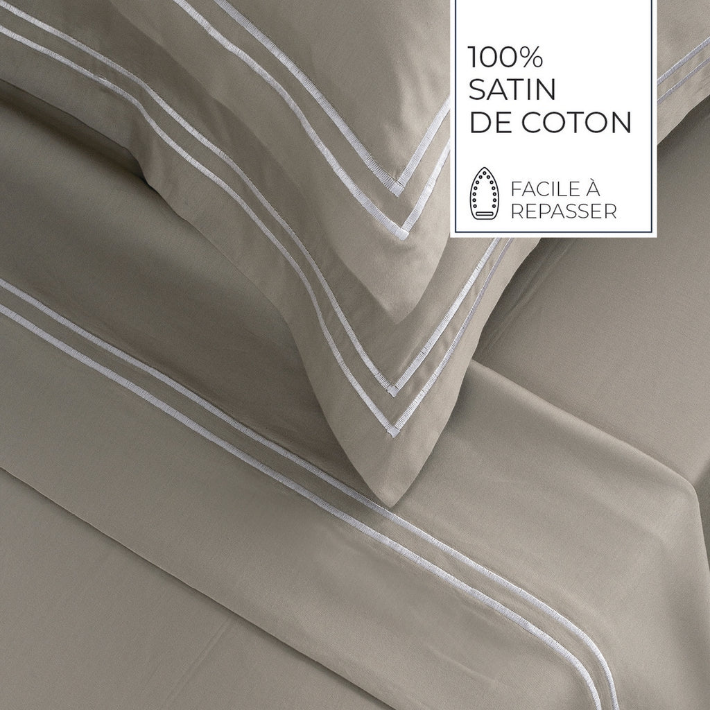Biarritz - Ensemble De Draps - Satin De Coton - Blanc / Taupe
