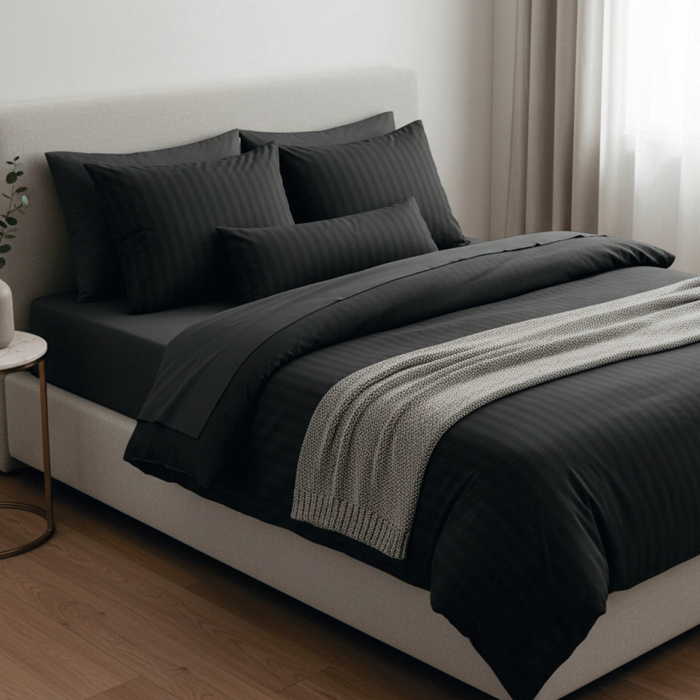 Jacquard - Duvet Cover + 1 Or 2 Pillowcase(s) - Dobby Woven Stripe Cotton Satin - Gray 03