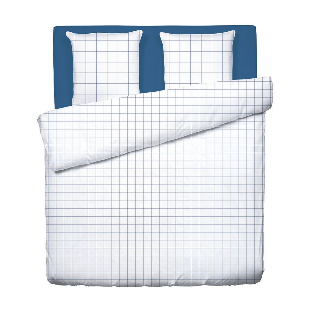 Simples Carreaux - Housse De Couette + 1 Ou 2 Taie(S) D'Oreiller - Satin De Coton - Blanc / Bleu