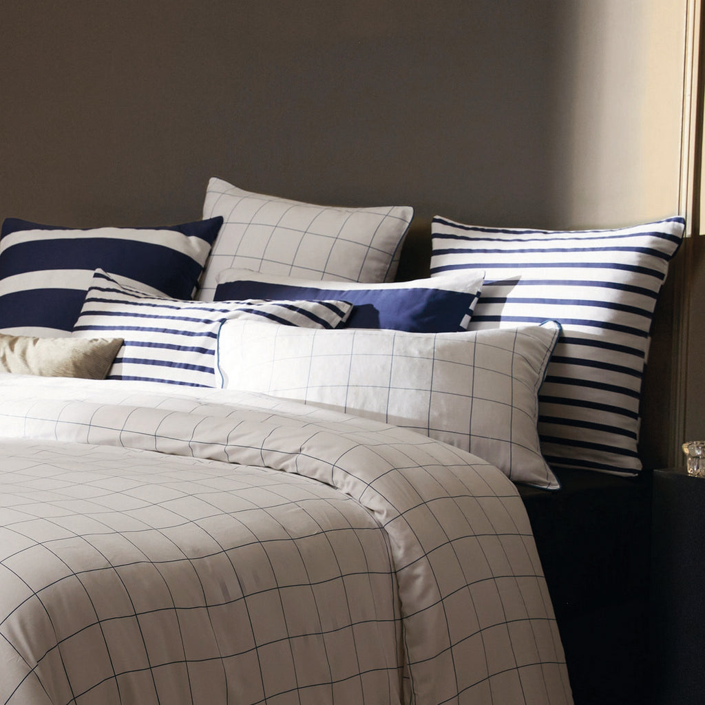 Simples Carreaux - Housse De Couette + 1 Ou 2 Taie(S) D'Oreiller - Satin De Coton - Blanc / Bleu