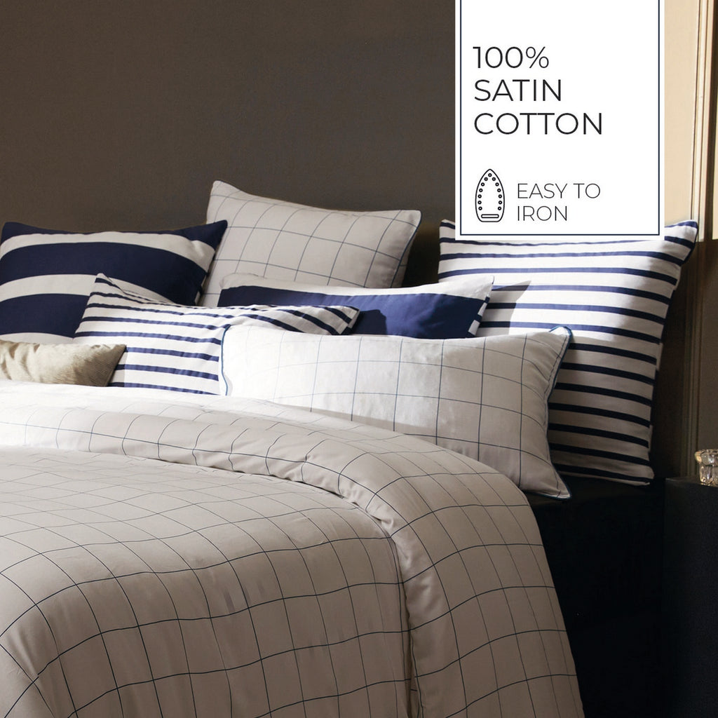 Simples Carreaux - Housse De Couette + 1 Ou 2 Taie(S) D'Oreiller - Satin De Coton - Blanc / Bleu