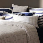 Simple Checks - Set Of 2 Pillowcases - Cotton Satin - White / Blue