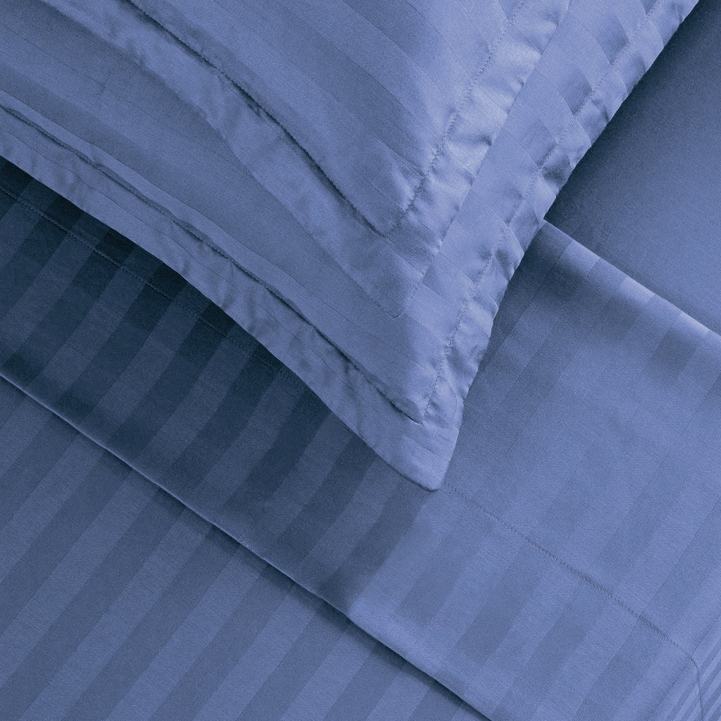 Jacquard - Ensemble De Draps - Satin De Coton Rayure Tissé Dobby - Bleu 06
