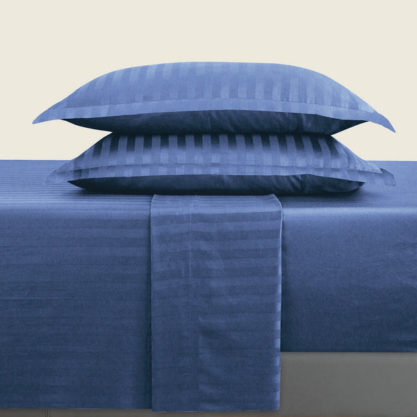 Jacquard - Ensemble De Draps - Satin De Coton Rayure Tissé Dobby - Bleu 06