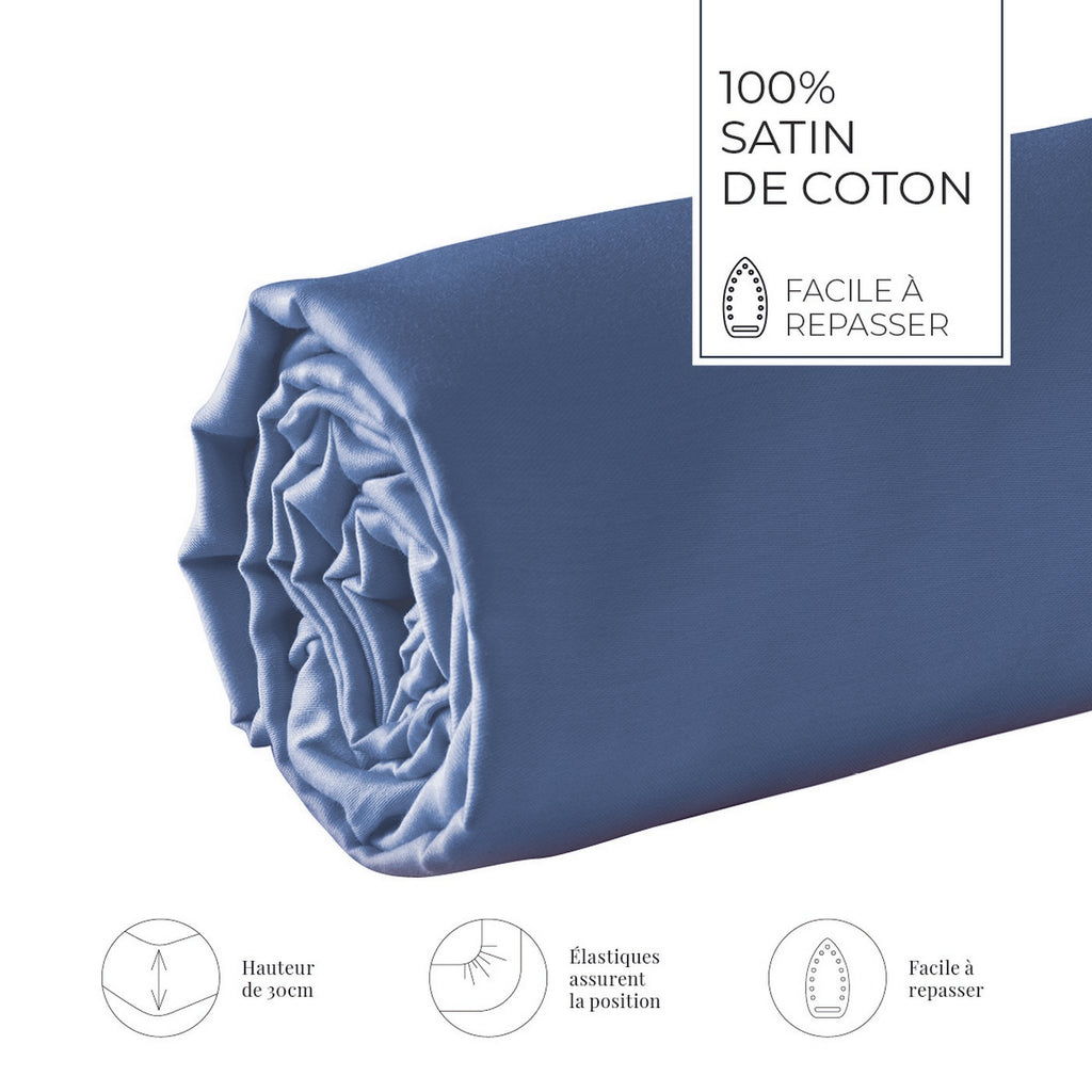 Plain - Fitted Sheet - Cotton Satin - Blue 06