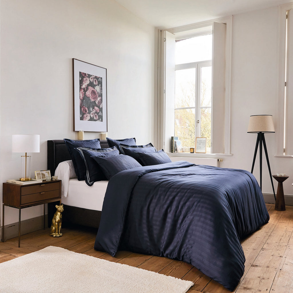 Jacquard - Housse De Couette + 1 Ou 2 Taie(S) D'Oreiller - Satin De Coton Rayure Tissé Dobby - Bleu 11