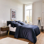 Jacquard - Housse De Couette + 1 Ou 2 Taie(S) D'Oreiller - Satin De Coton Rayure Tissé Dobby - Bleu 11