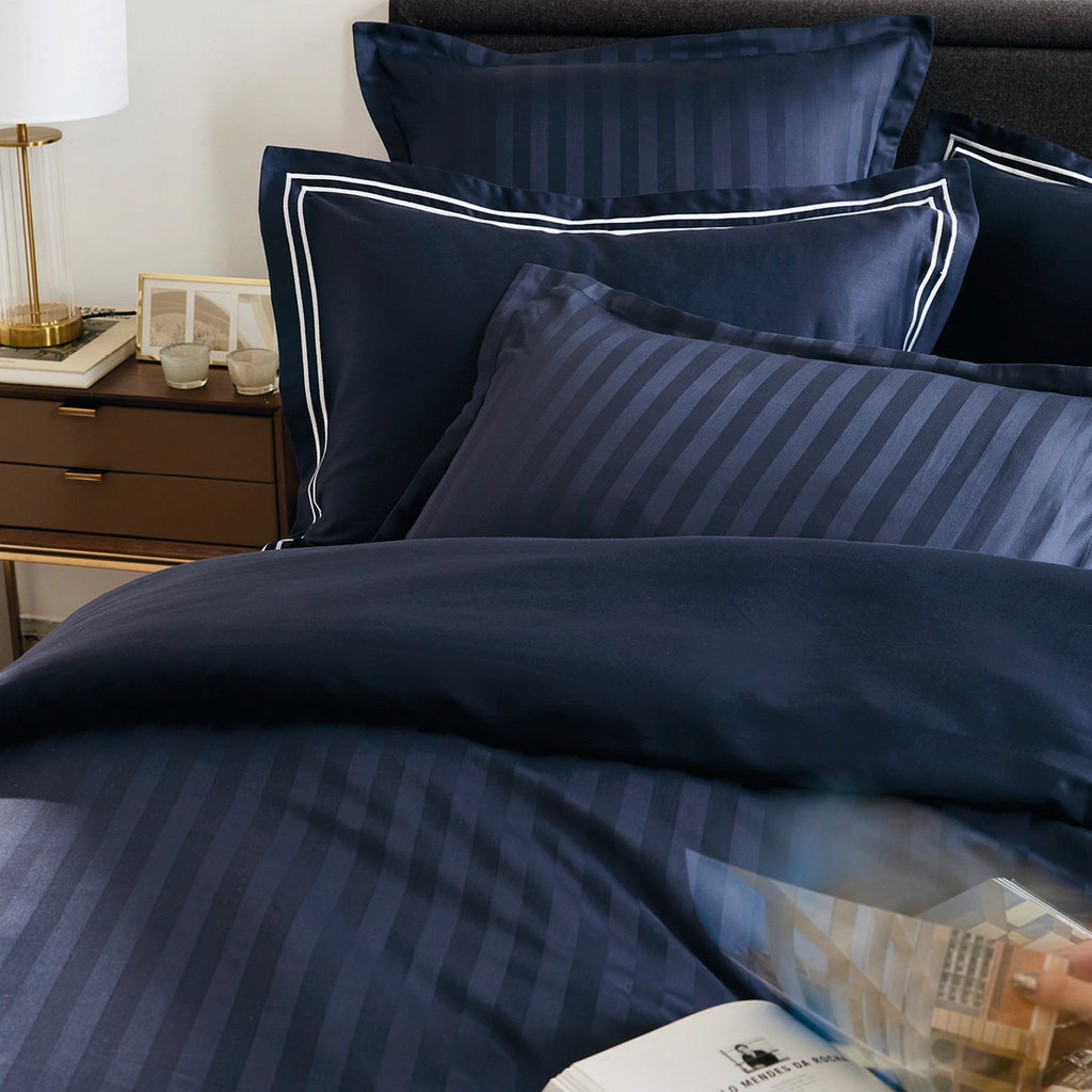 Jacquard - Set of 2 Pillowcases - Dobby Woven Striped Cotton Satin - Blue 11