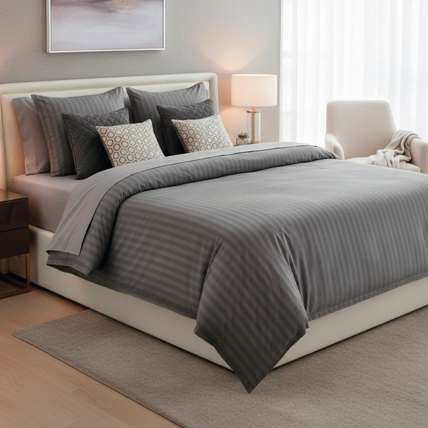 Jacquard - Duvet Cover + 1 Or 2 Pillowcase(s) - Dobby Woven Stripe Cotton Satin - Gray 02