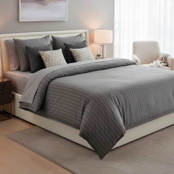 Jacquard - Housse De Couette + 1 Ou 2 Taie(S) D'Oreiller - Satin De Coton Rayure Tissé Dobby - Gris 02