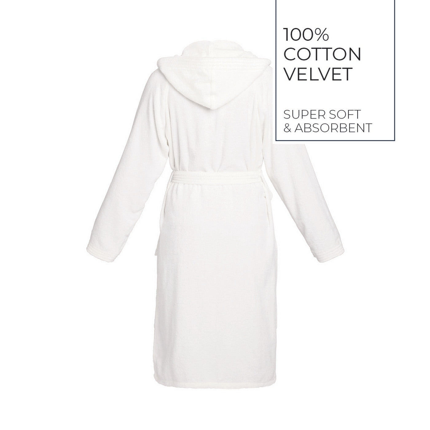 Plain - Velvet Cotton Bathrobe With Hood - White