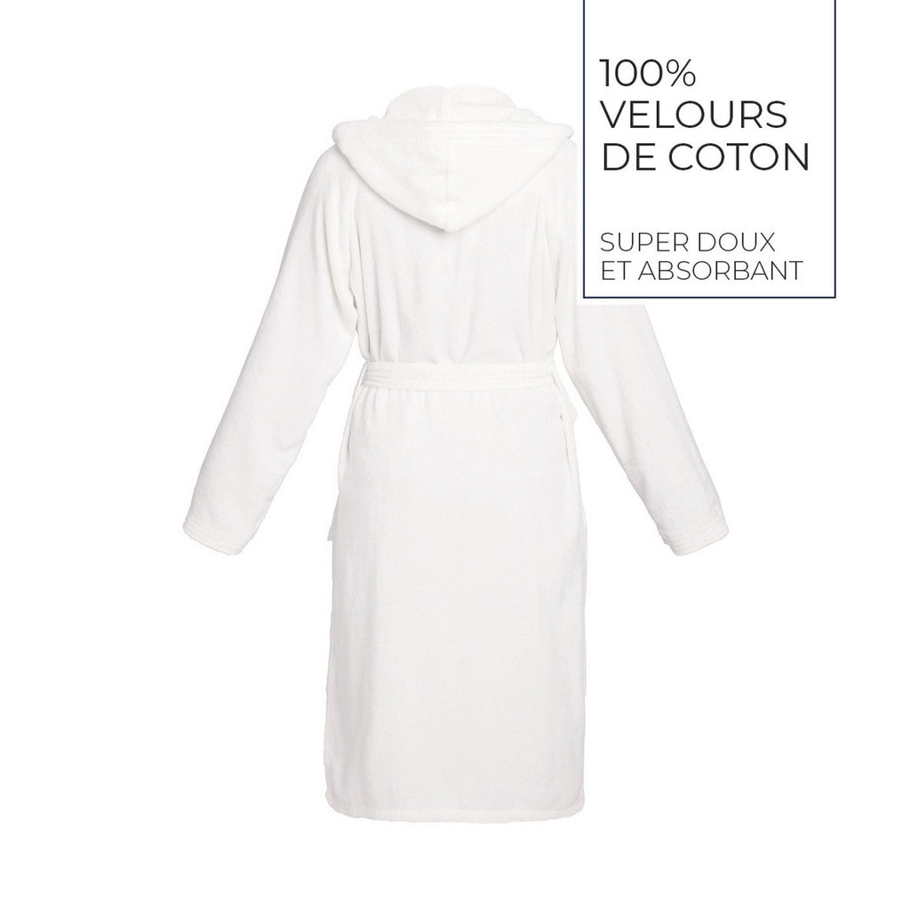 Plain - Velvet Cotton Bathrobe With Hood - White