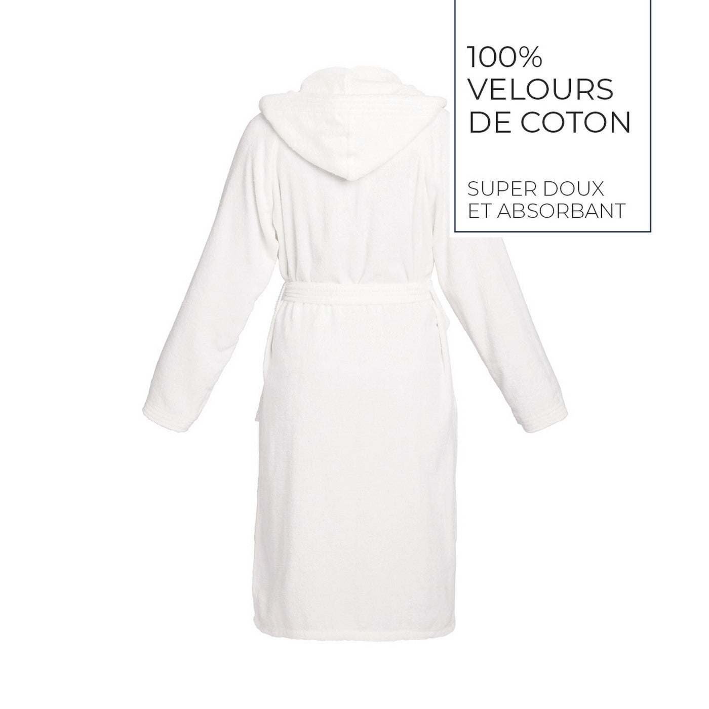 Plain - Velvet Cotton Bathrobe With Hood - White