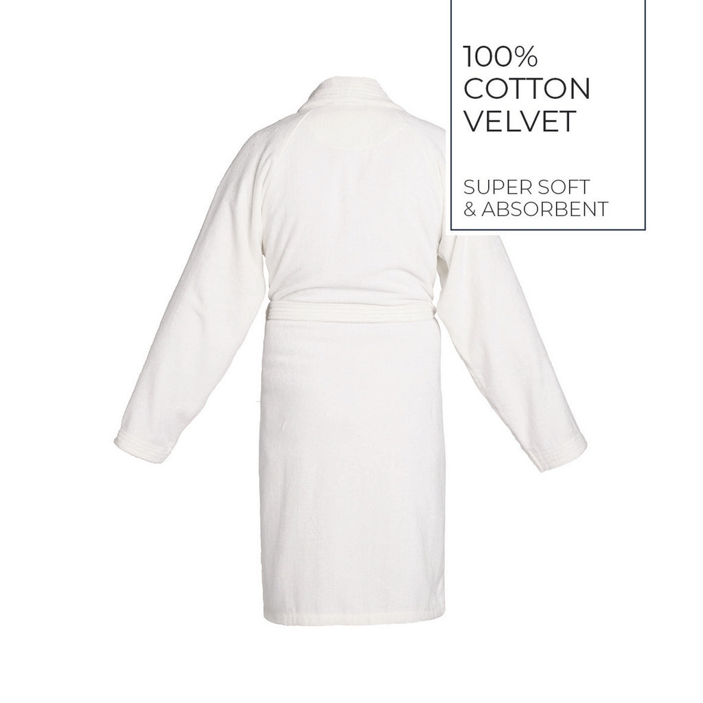Plain - Velvet Cotton Bathrobe With Shawl Collar - White