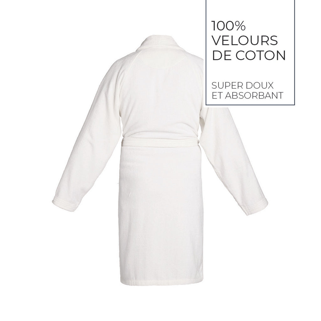 Plain - Velvet Cotton Bathrobe With Shawl Collar - White