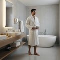 Plain - Velvet Cotton Bathrobe With Shawl Collar - White