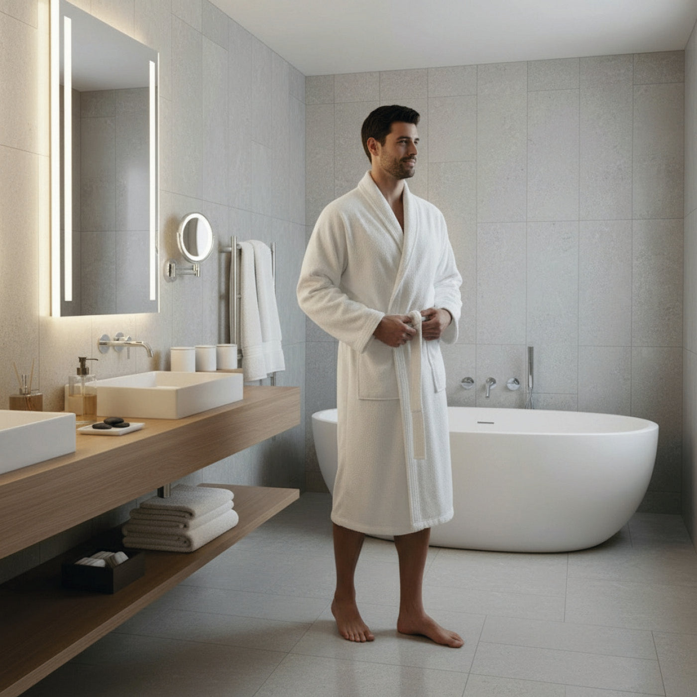 Plain - Velvet Cotton Bathrobe With Shawl Collar - White