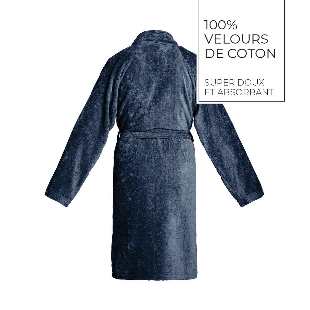 Uni - Peignoir Avec Col Châle En Coton Velours - Bleu Foncé