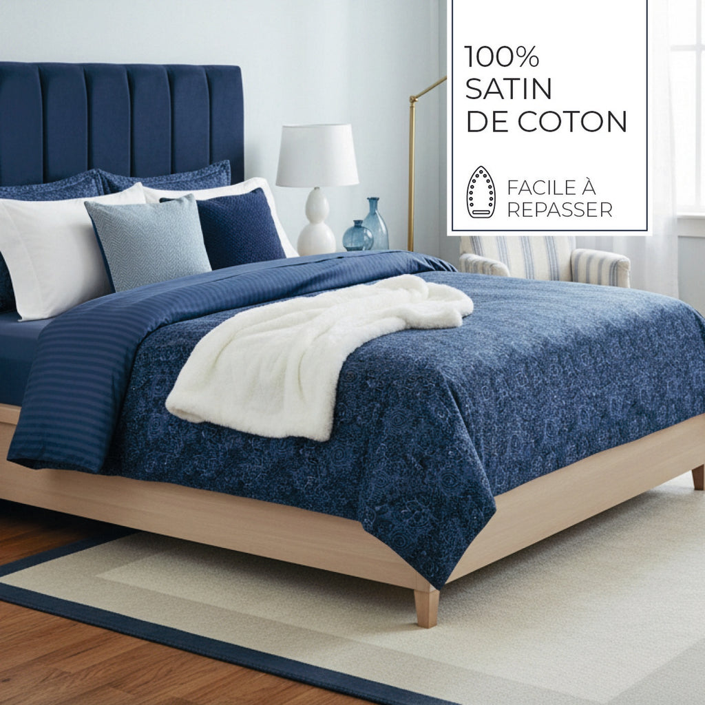 Eclipse Fleuri - Duvet Cover + 1 Or 2 Pillowcase(s) - Cotton Satin - Blue