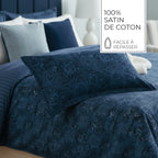 Eclipse Fleuri - Taie D'Oreiller - Satin De Coton - Bleu