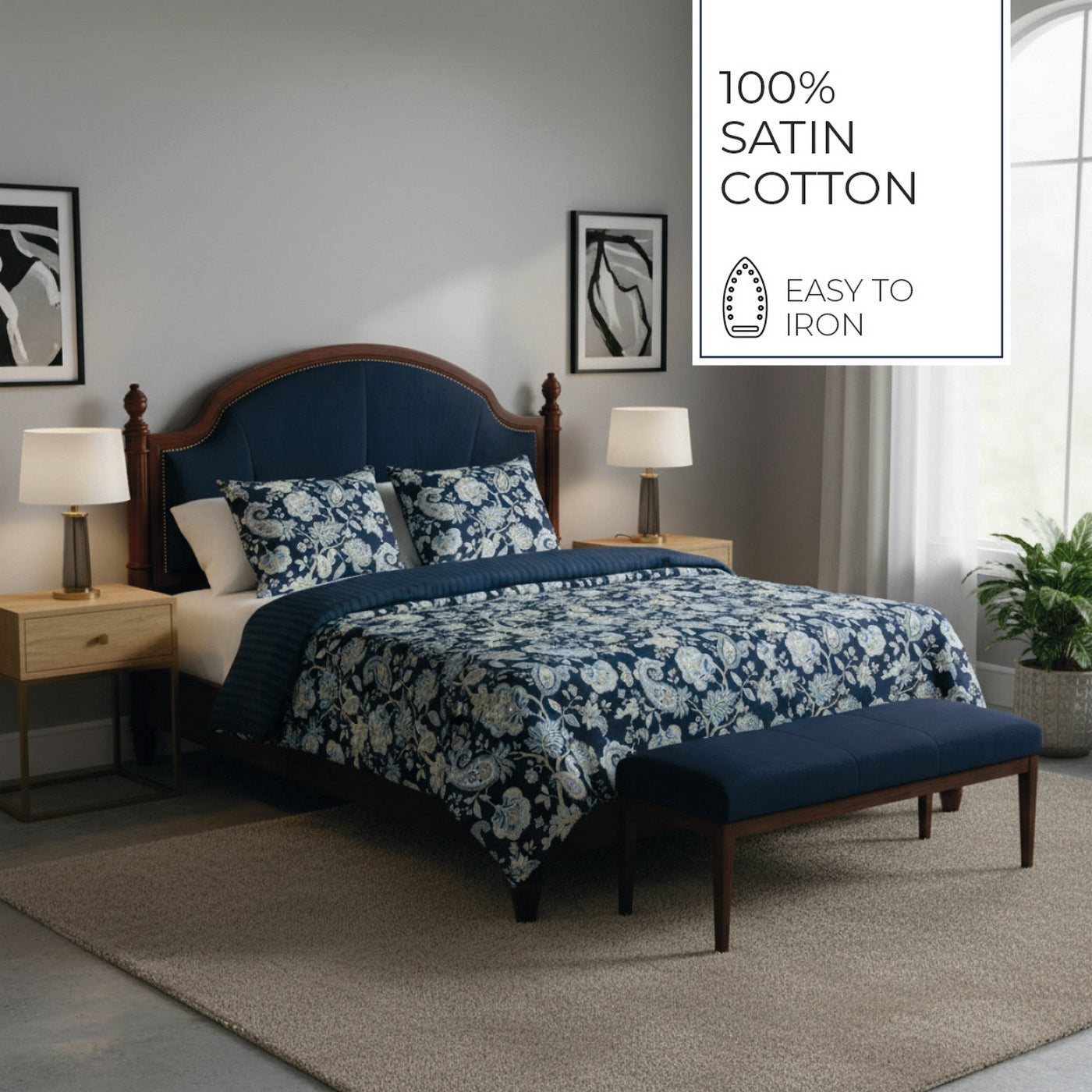 Blue Baroque - Duvet Cover + 1 Or 2 Pillowcase(s) - Cotton Satin - Dark Blue