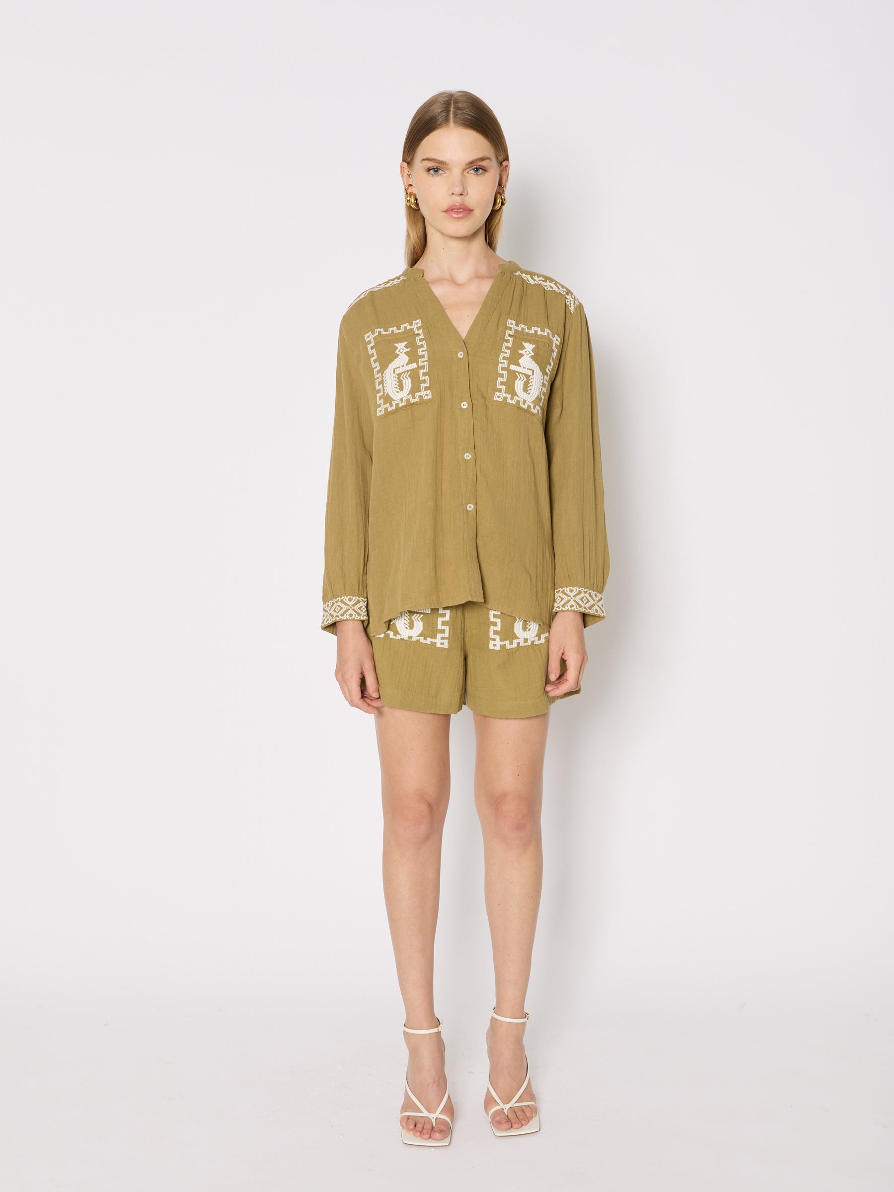 Double Gauze Embroidery Shirt - Khaki