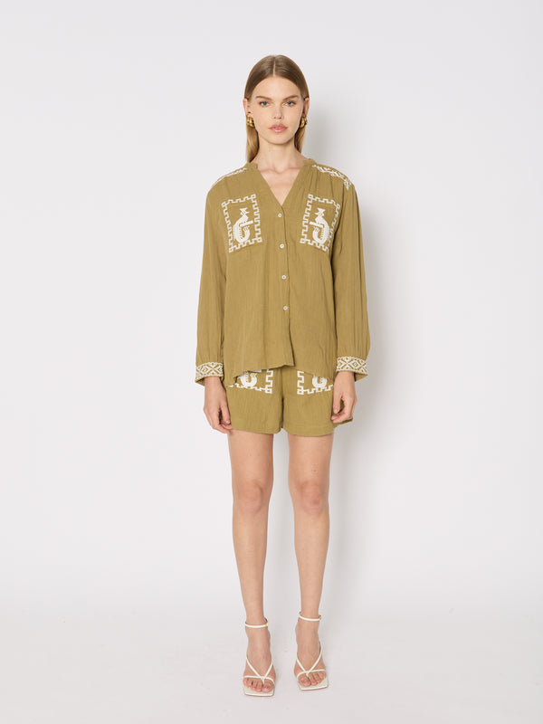 Double Gauze Embroidery Shirt - Khaki