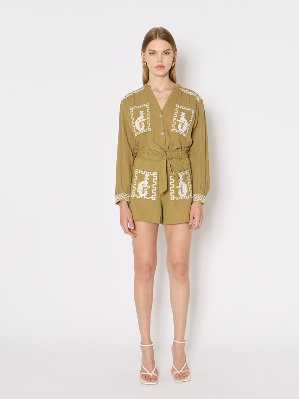 Shorts con bordado de gasa doble - Caqui