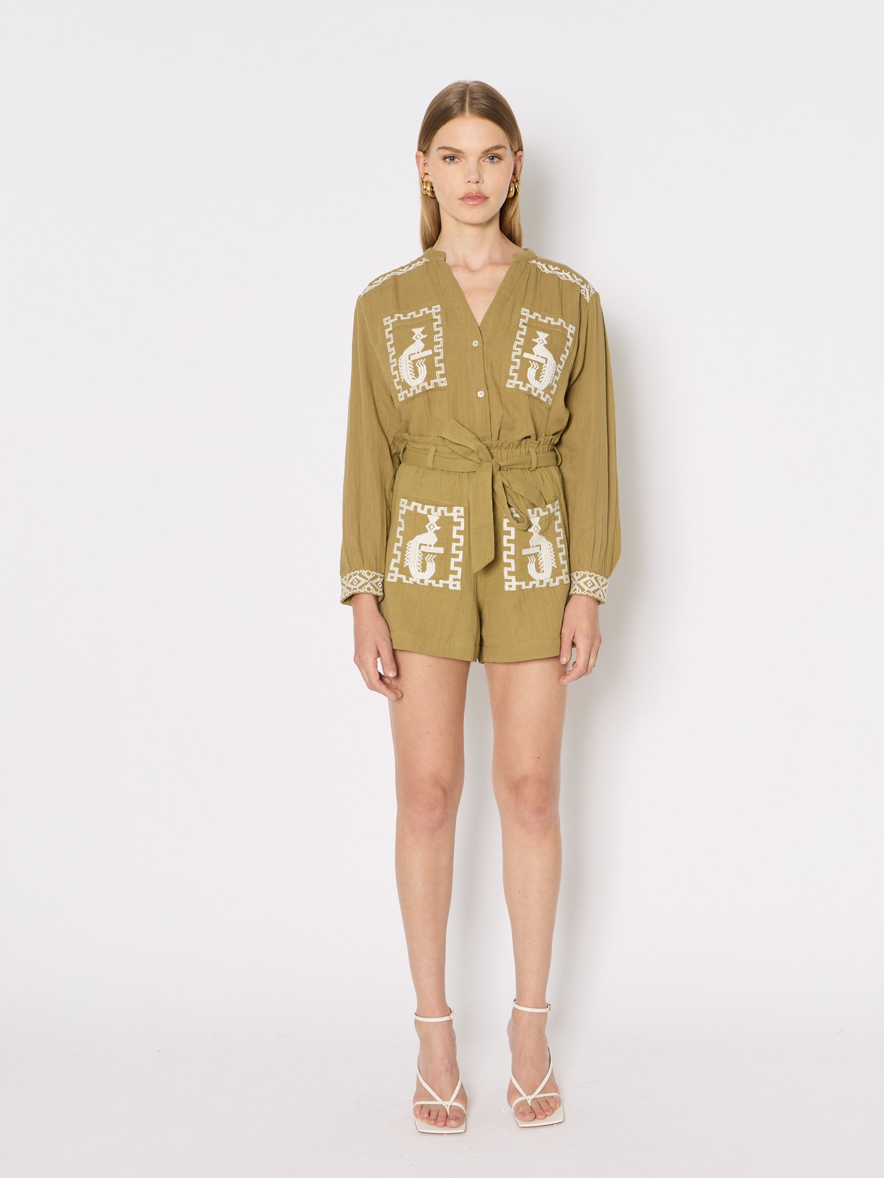 Berenice - Double Gauze Embroidery Shorts - Khaki