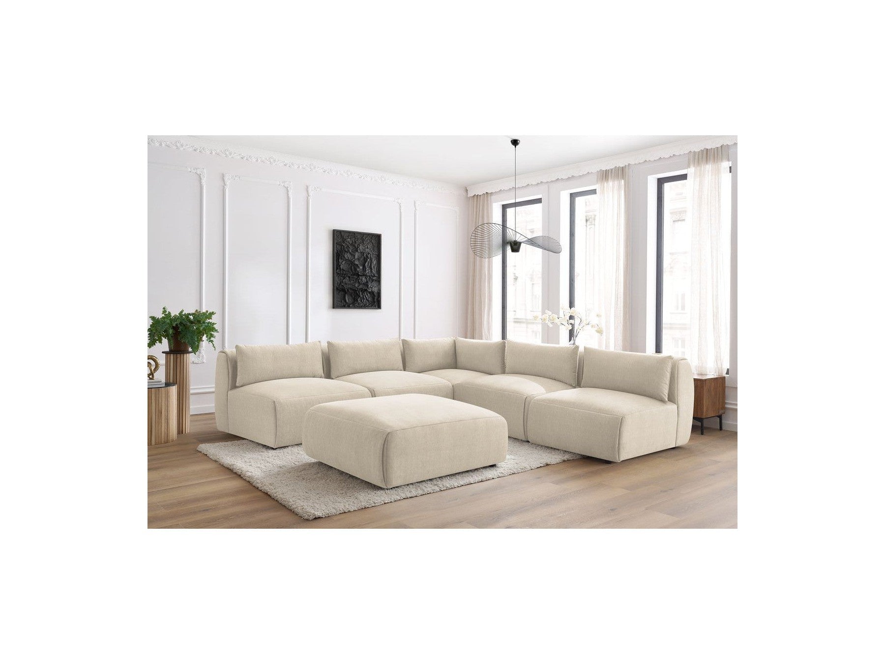 Jeanne - Canapé D'Angle Fixe Modulable - Tissu Velours Avec 4 Chauffeuses, 1 Angle Et 1 Pouf