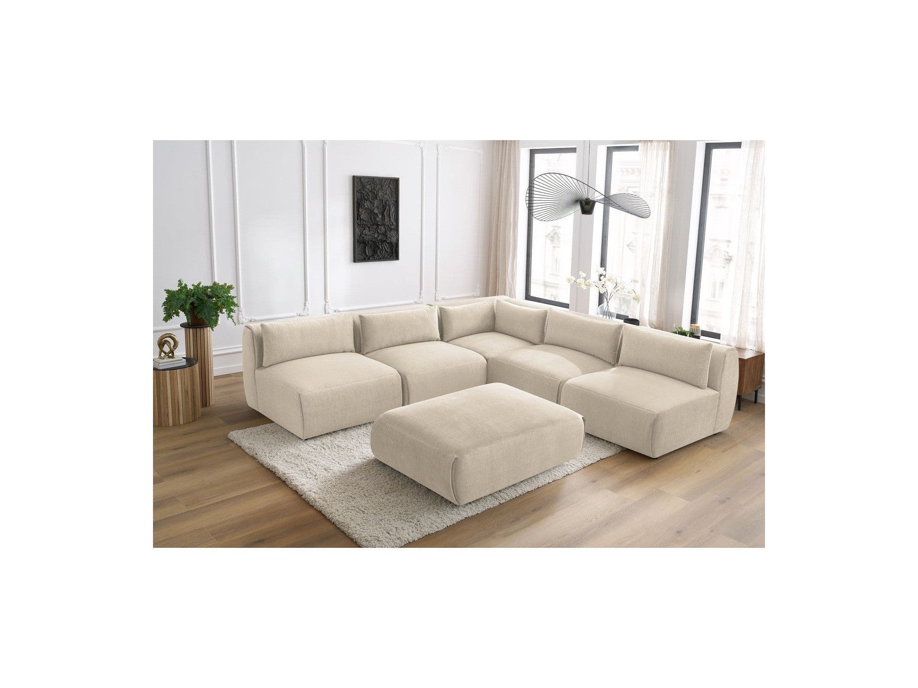 Jeanne - Canapé D'Angle Fixe Modulable - Tissu Velours Avec 4 Chauffeuses, 1 Angle Et 1 Pouf