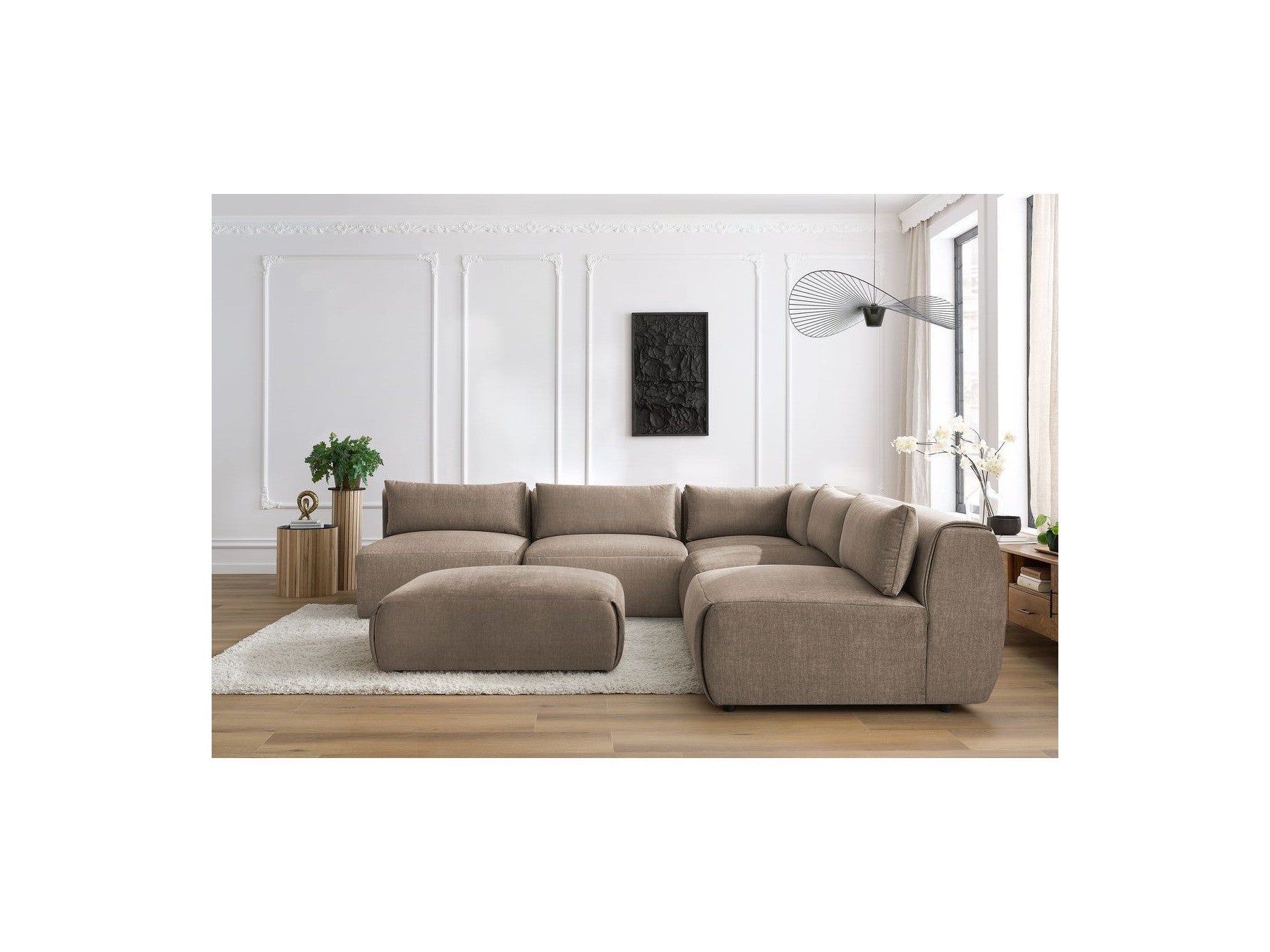 Jeanne - Canapé D'Angle Fixe Modulable - Tissu Velours Avec 4 Chauffeuses, 1 Angle Et 1 Pouf