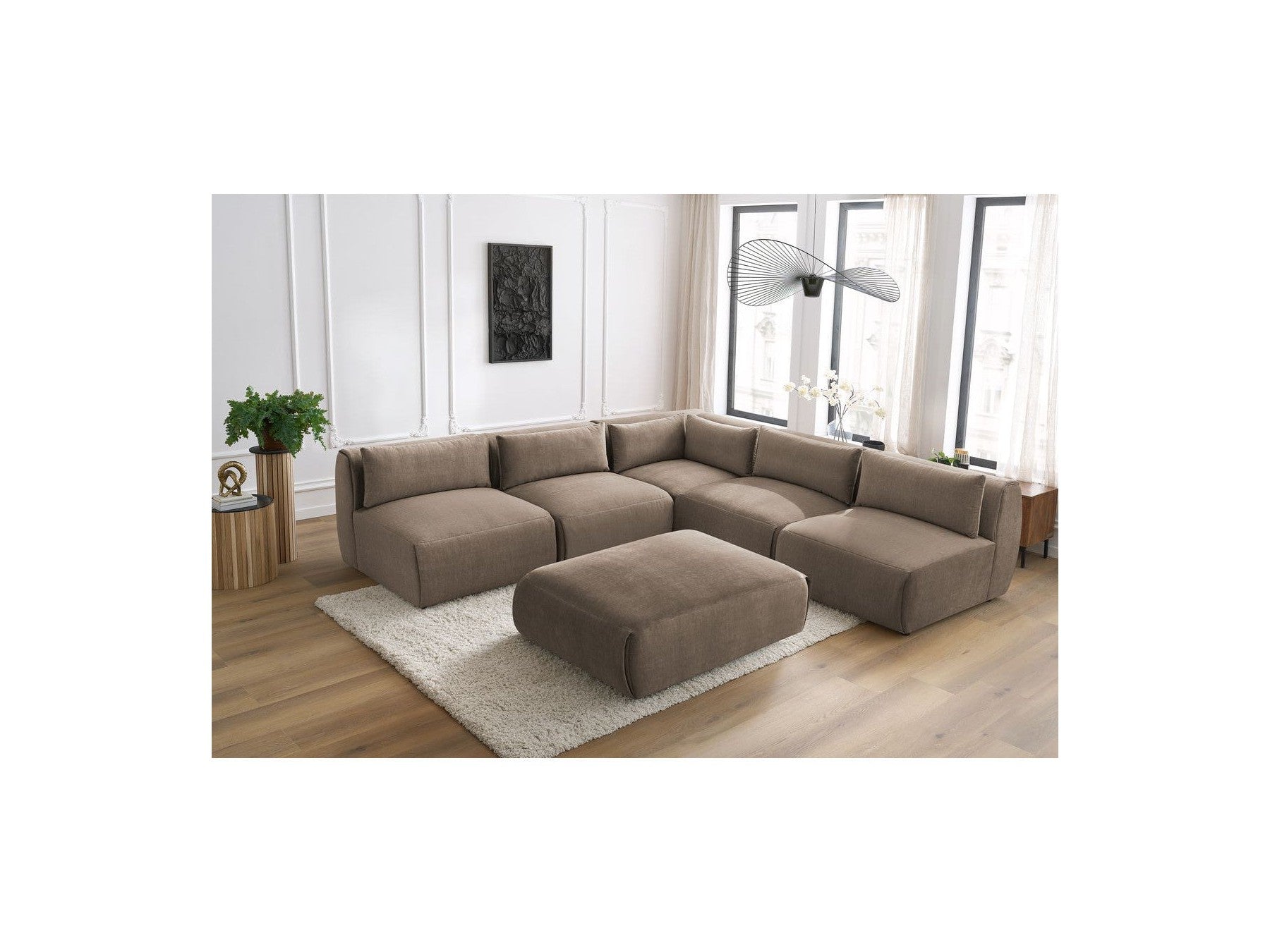 Jeanne - Canapé D'Angle Fixe Modulable - Tissu Velours Avec 4 Chauffeuses, 1 Angle Et 1 Pouf
