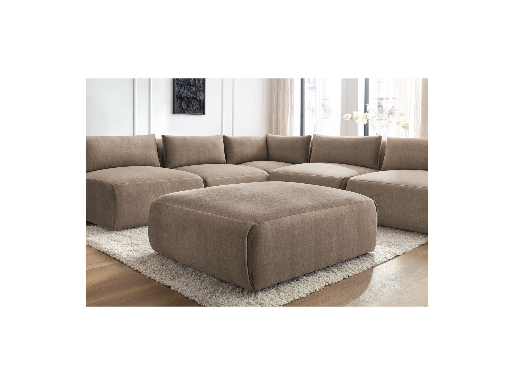 Jeanne - Canapé D'Angle Fixe Modulable - Tissu Velours Avec 4 Chauffeuses, 1 Angle Et 1 Pouf
