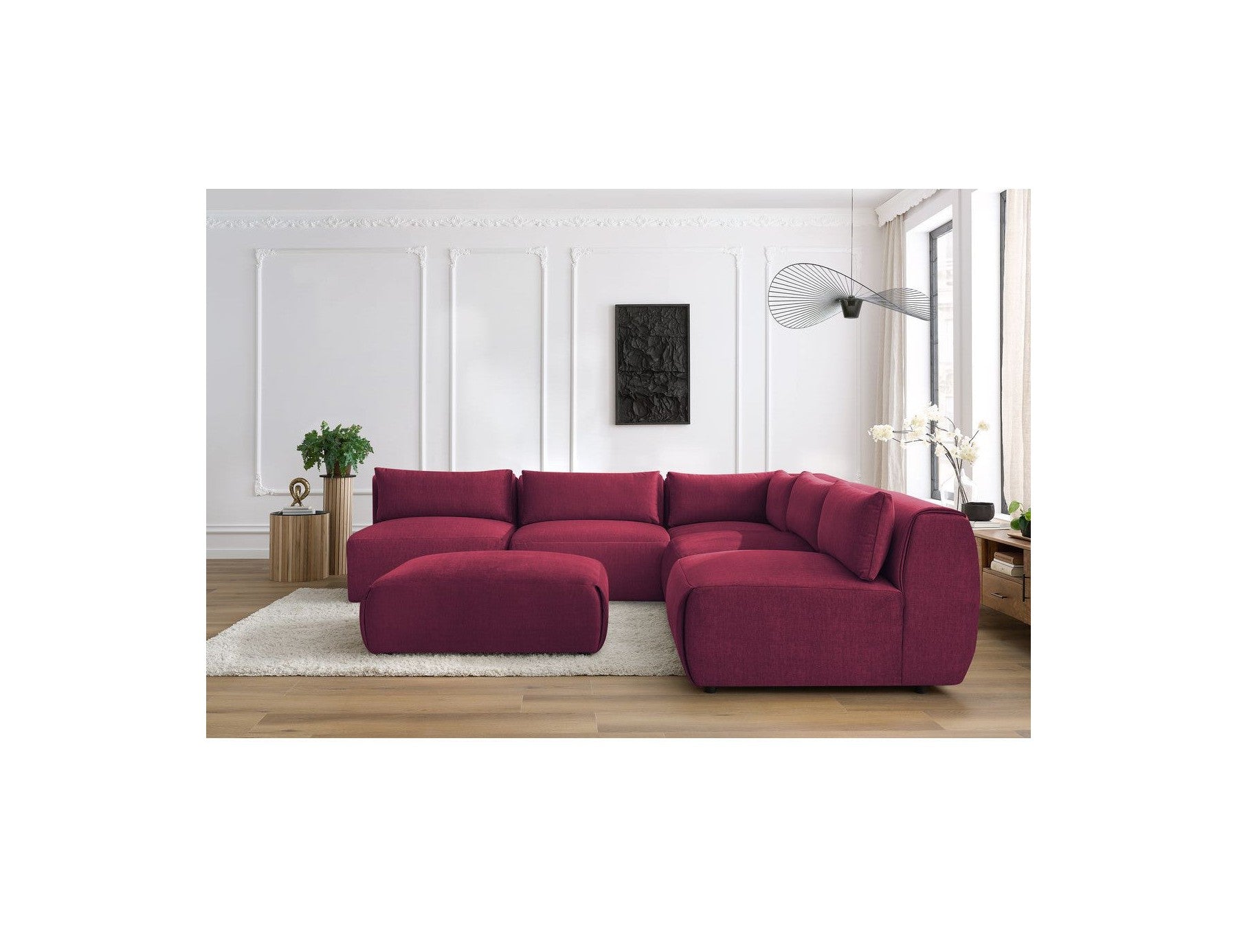 Jeanne - Canapé D'Angle Fixe Modulable - Tissu Velours Avec 4 Chauffeuses, 1 Angle Et 1 Pouf