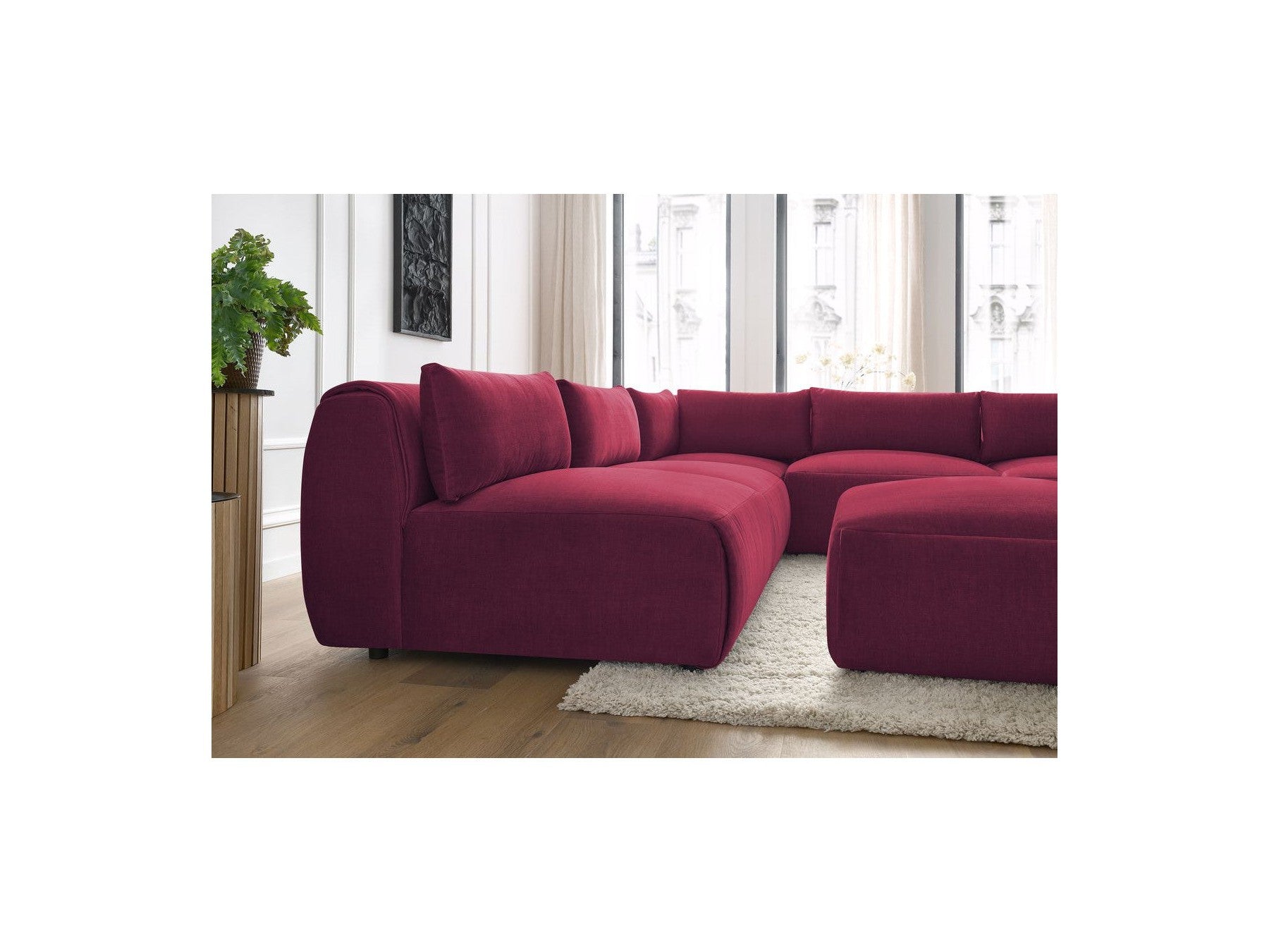Jeanne - Canapé D'Angle Fixe Modulable - Tissu Velours Avec 4 Chauffeuses, 1 Angle Et 1 Pouf