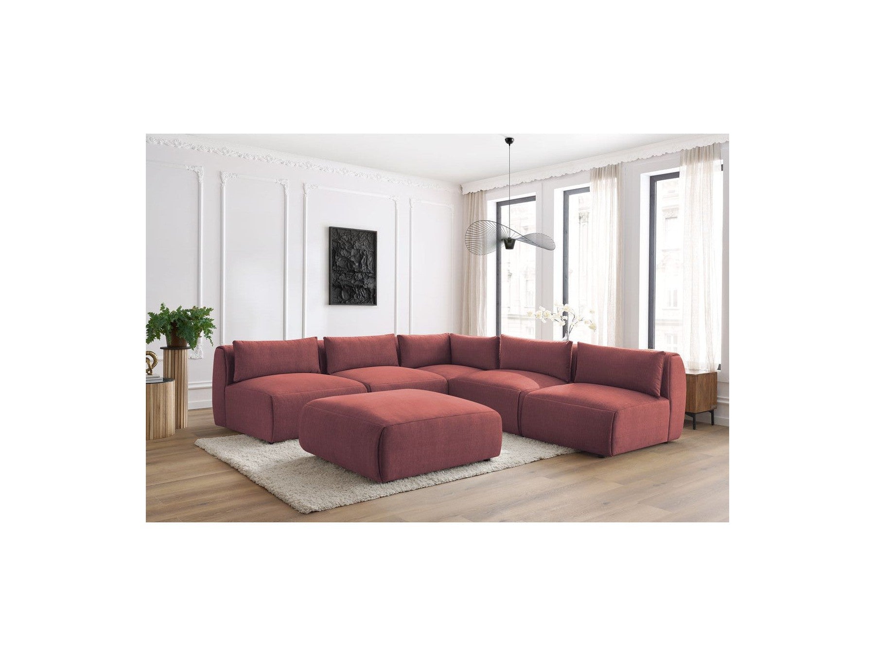 Jeanne - Canapé D'Angle Fixe Modulable - Tissu Velours Avec 4 Chauffeuses, 1 Angle Et 1 Pouf