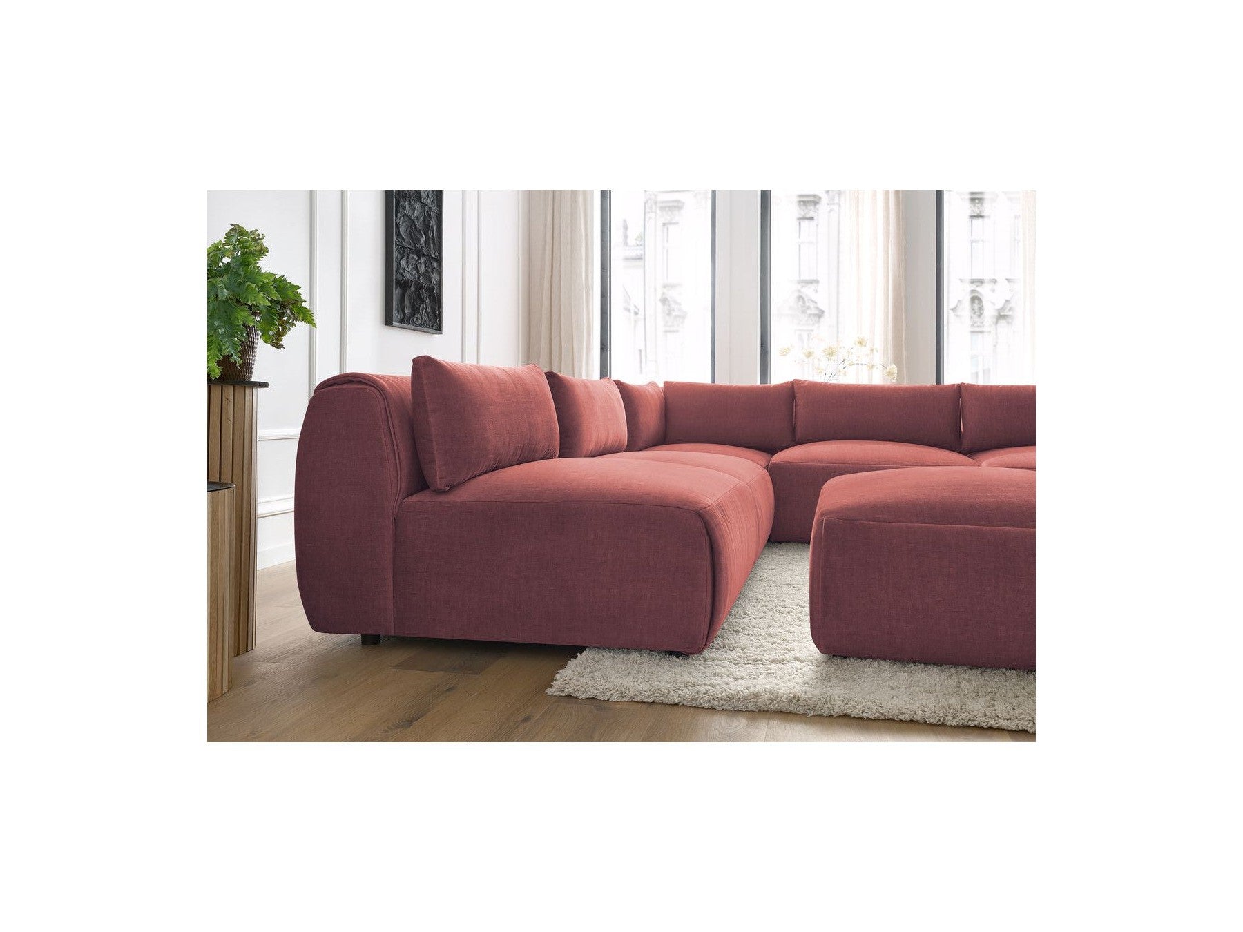 Jeanne - Canapé D'Angle Fixe Modulable - Tissu Velours Avec 4 Chauffeuses, 1 Angle Et 1 Pouf
