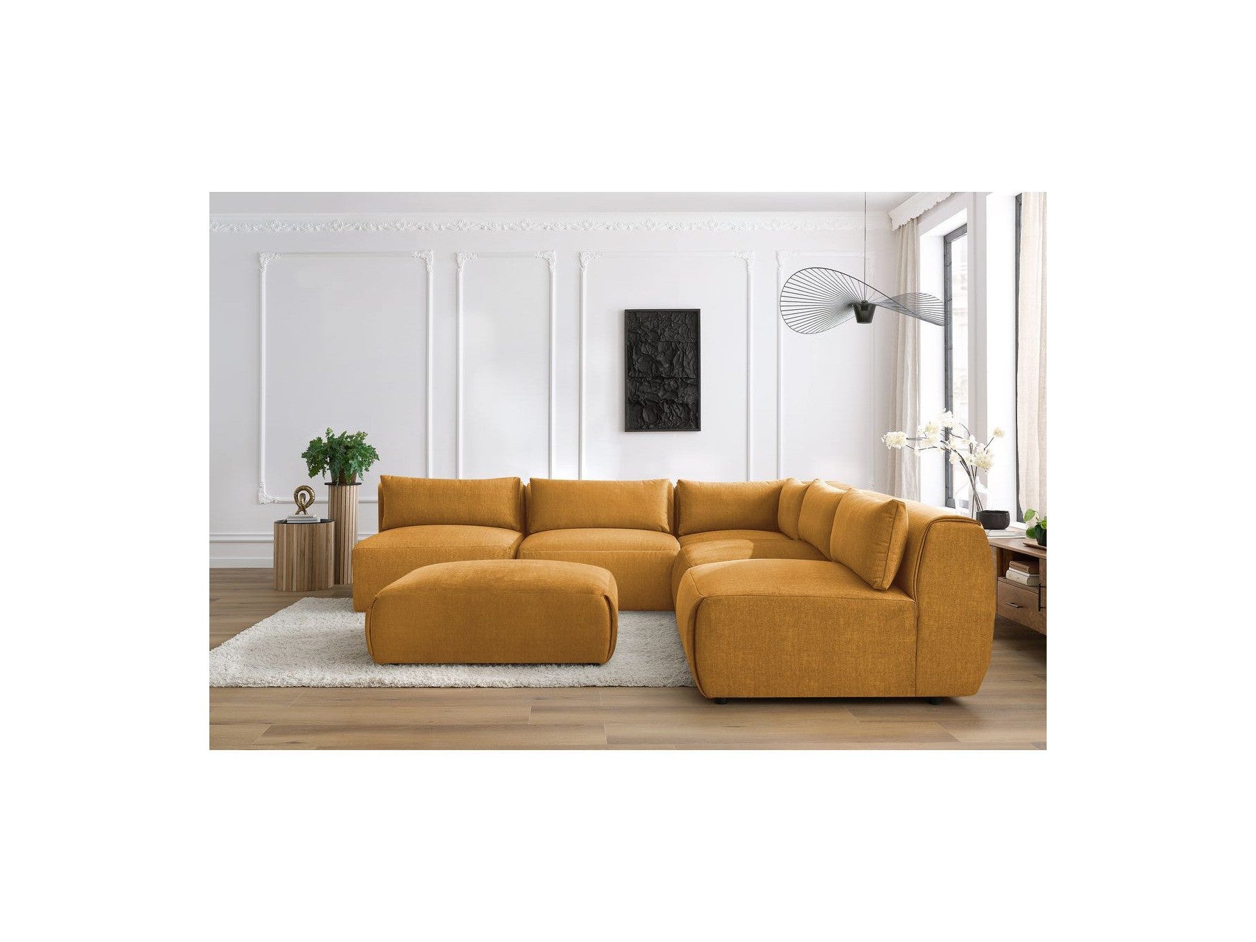 Jeanne - Canapé D'Angle Fixe Modulable - Tissu Velours Avec 4 Chauffeuses, 1 Angle Et 1 Pouf