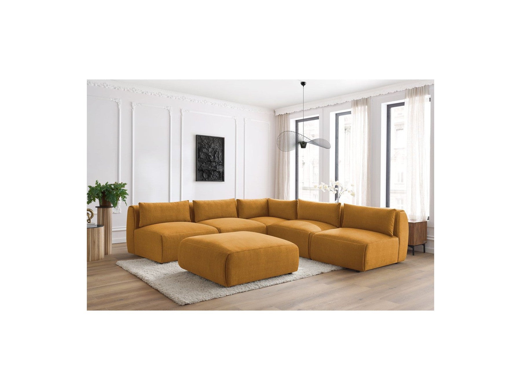 Jeanne - Canapé D'Angle Fixe Modulable - Tissu Velours Avec 4 Chauffeuses, 1 Angle Et 1 Pouf