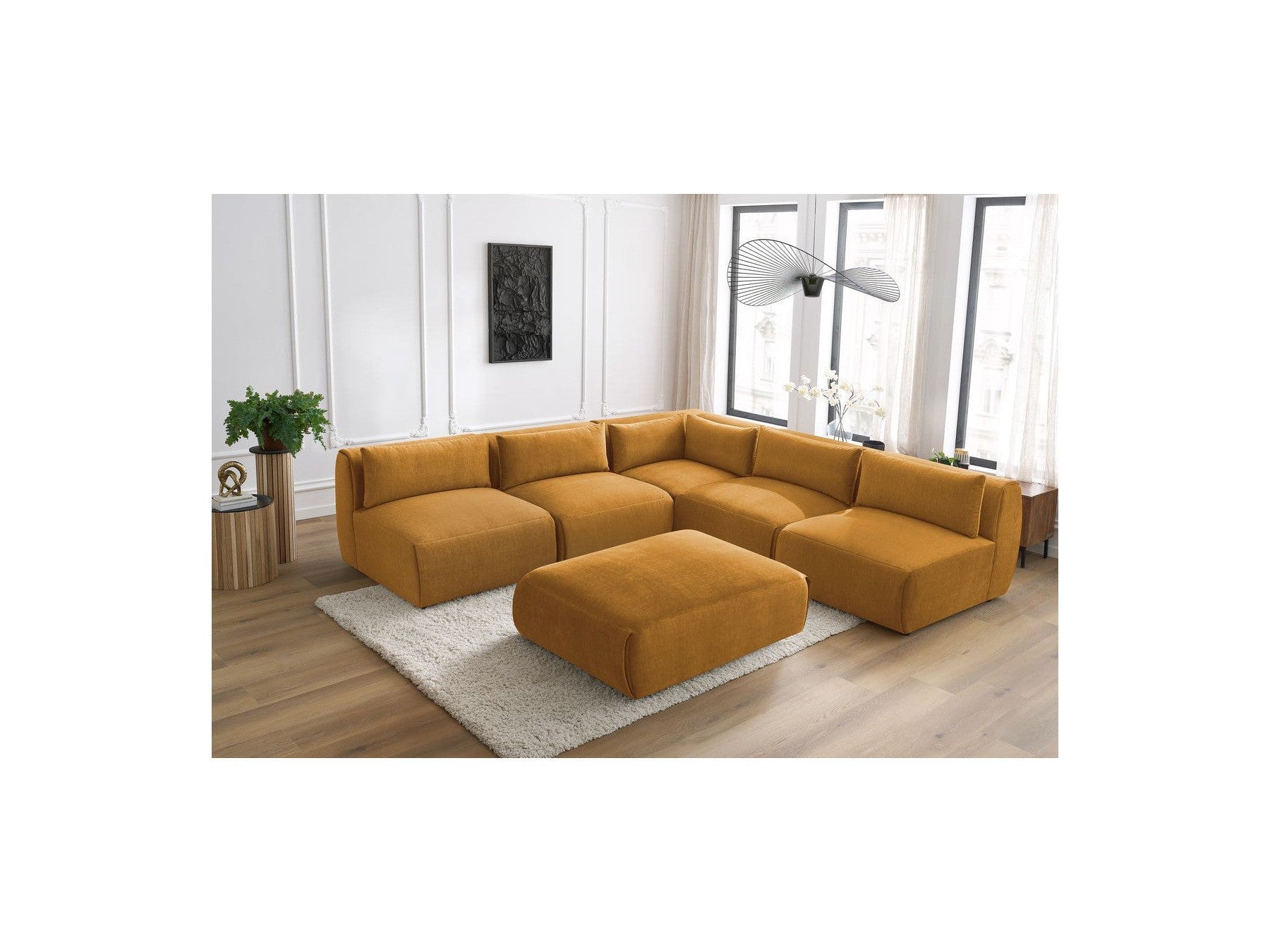 Jeanne - Canapé D'Angle Fixe Modulable - Tissu Velours Avec 4 Chauffeuses, 1 Angle Et 1 Pouf