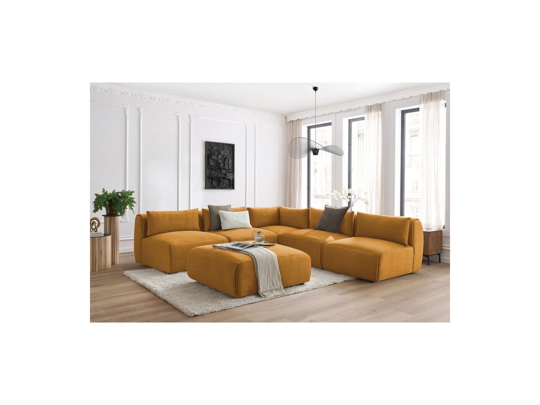 Jeanne - Canapé D'Angle Fixe Modulable - Tissu Velours Avec 4 Chauffeuses, 1 Angle Et 1 Pouf