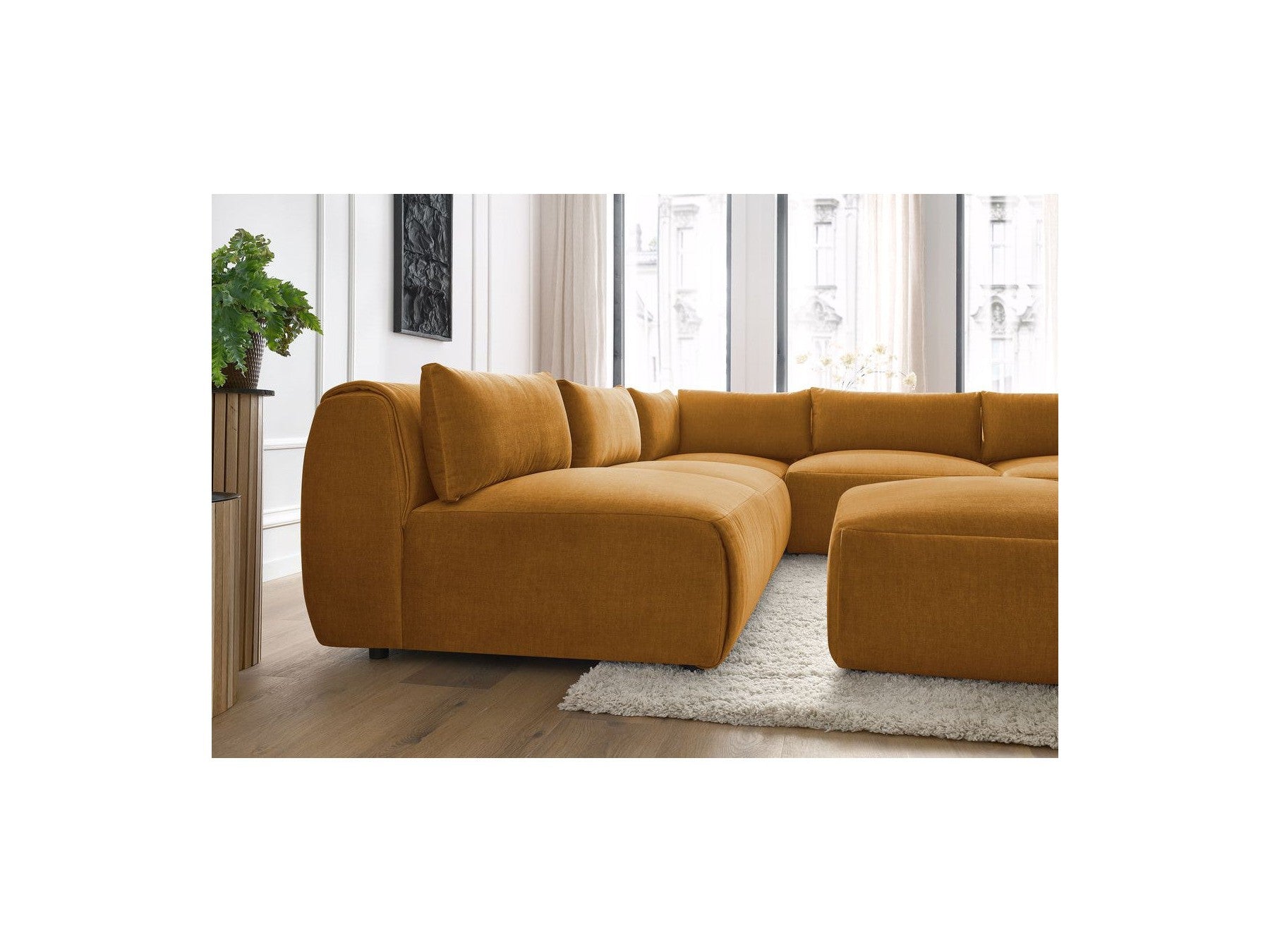 Jeanne - Canapé D'Angle Fixe Modulable - Tissu Velours Avec 4 Chauffeuses, 1 Angle Et 1 Pouf