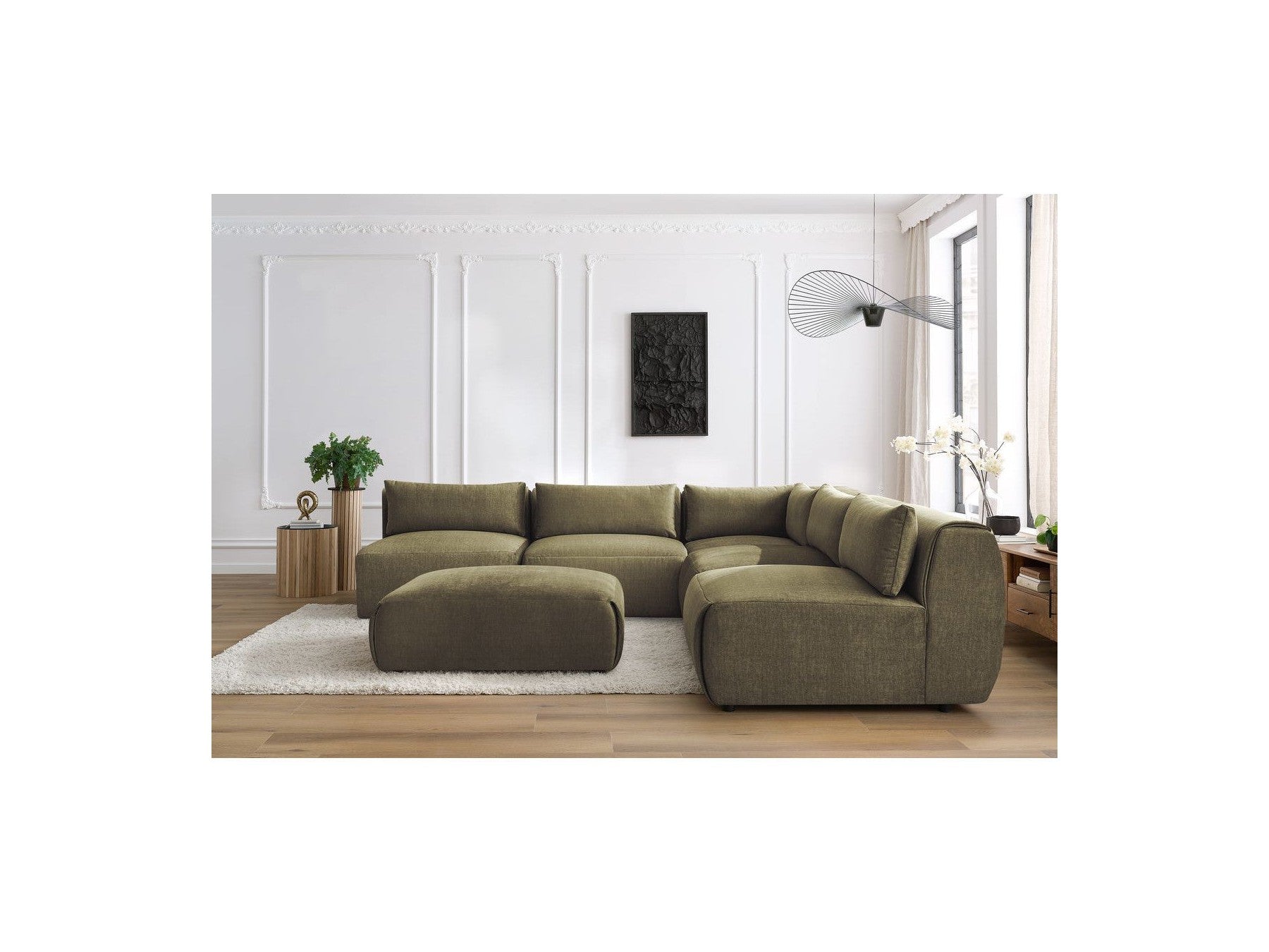 Jeanne - Canapé D'Angle Fixe Modulable - Tissu Velours Avec 4 Chauffeuses, 1 Angle Et 1 Pouf