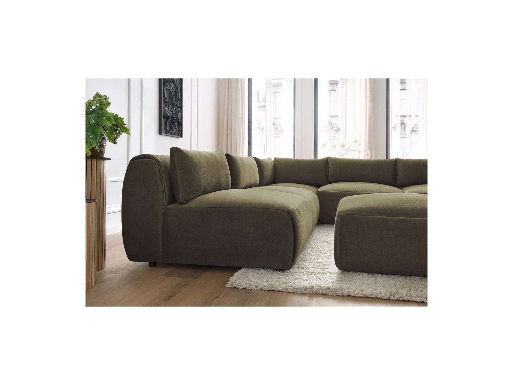 Jeanne - Canapé D'Angle Fixe Modulable - Tissu Velours Avec 4 Chauffeuses, 1 Angle Et 1 Pouf