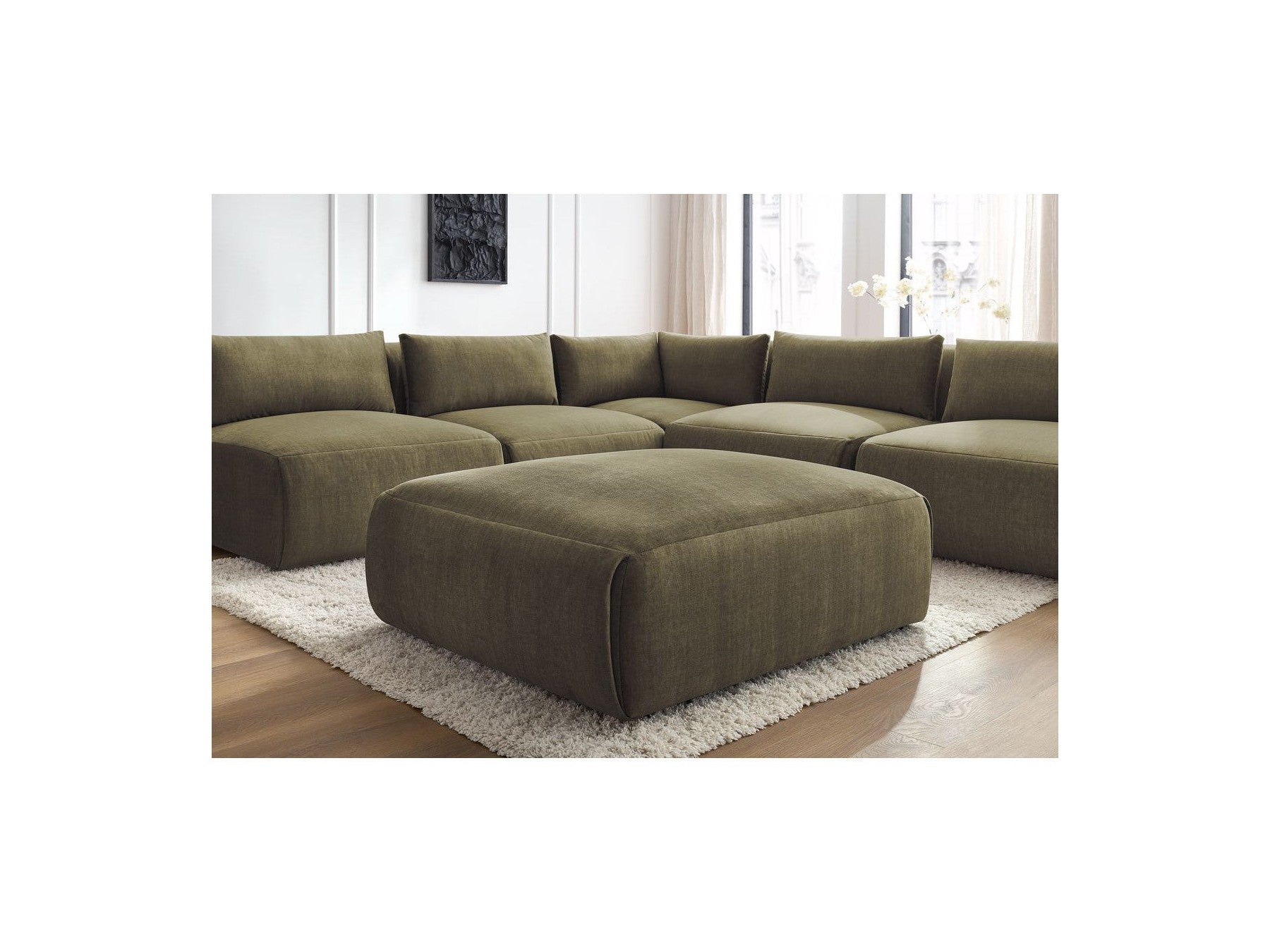 Jeanne - Canapé D'Angle Fixe Modulable - Tissu Velours Avec 4 Chauffeuses, 1 Angle Et 1 Pouf