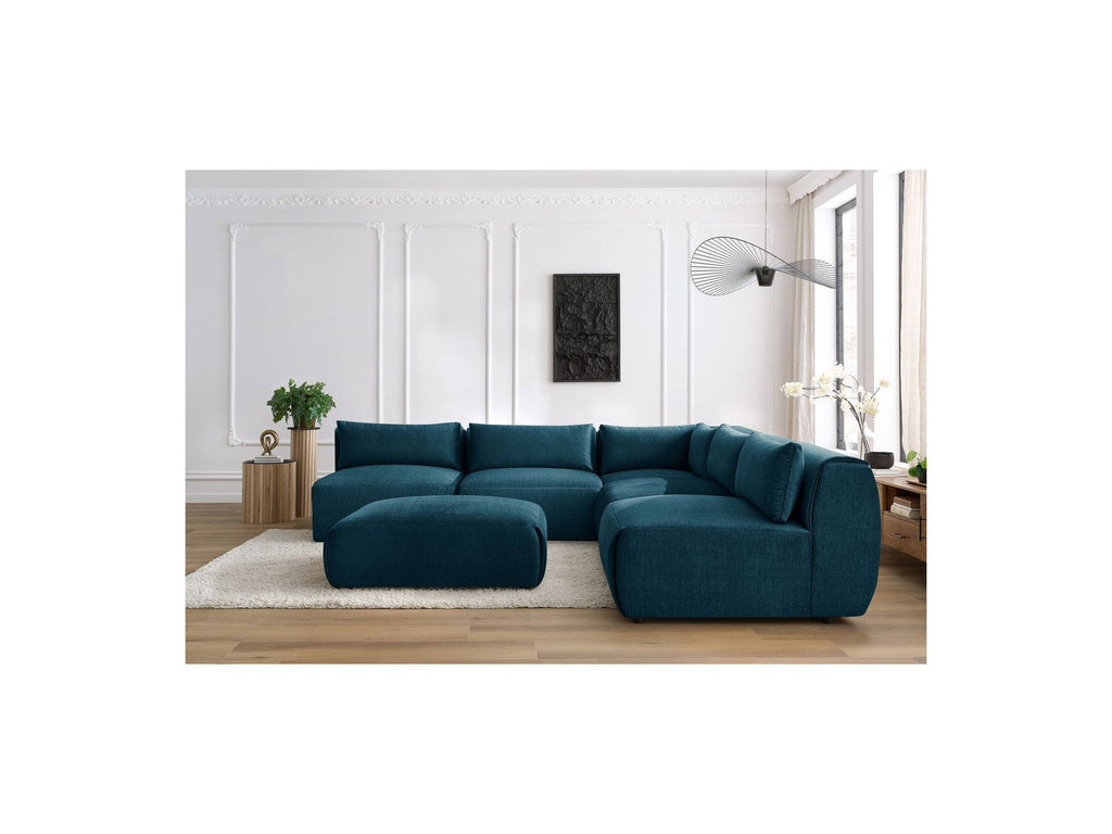 Jeanne - Canapé D'Angle Fixe Modulable - Tissu Velours Avec 4 Chauffeuses, 1 Angle Et 1 Pouf