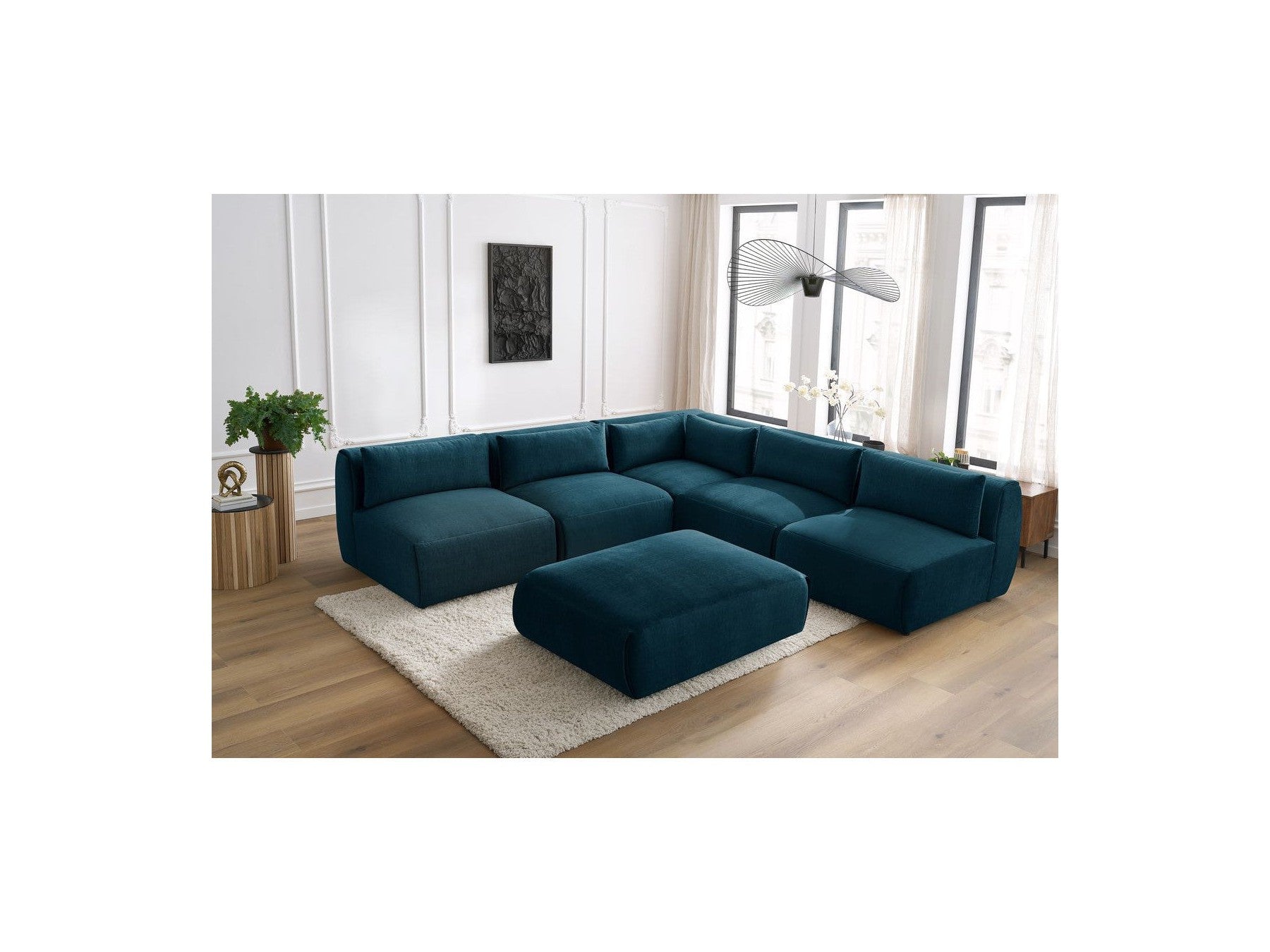 Jeanne - Canapé D'Angle Fixe Modulable - Tissu Velours Avec 4 Chauffeuses, 1 Angle Et 1 Pouf