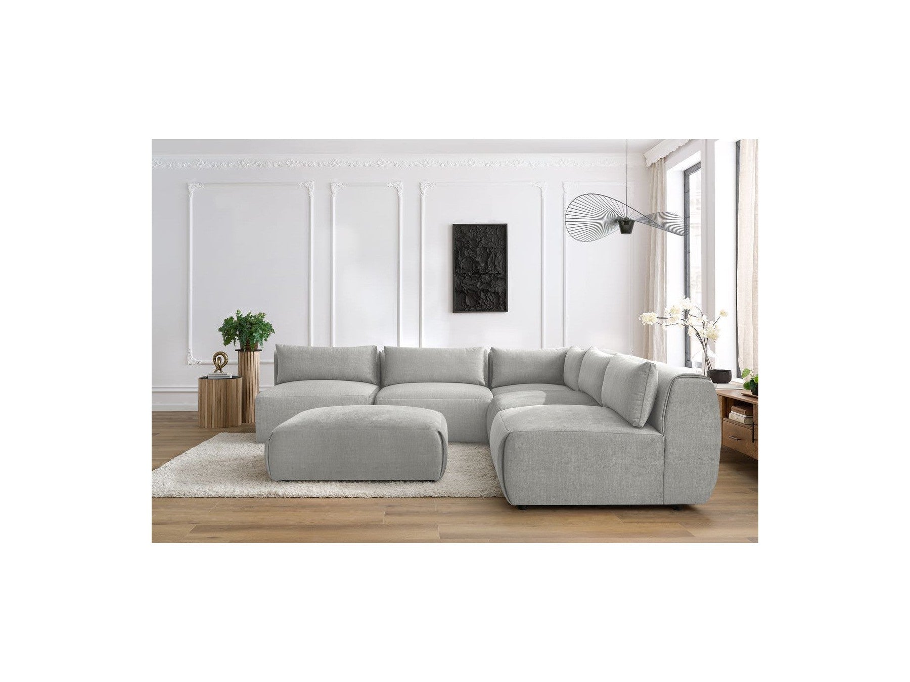 Jeanne - Canapé D'Angle Fixe Modulable - Tissu Velours Avec 4 Chauffeuses, 1 Angle Et 1 Pouf